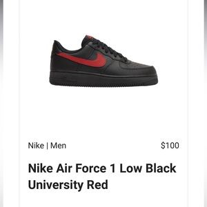 Nike Air Force 1 low black university red size 9